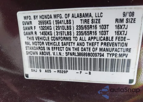 2009 Honda Odyssey Ex-L from USA, damaged, VIN 5FNRL38689B009794